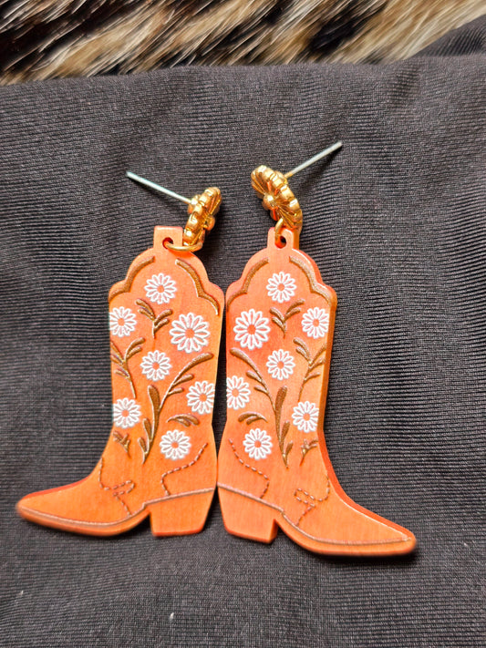 Wooden Cowboy Boot Stud Earrings