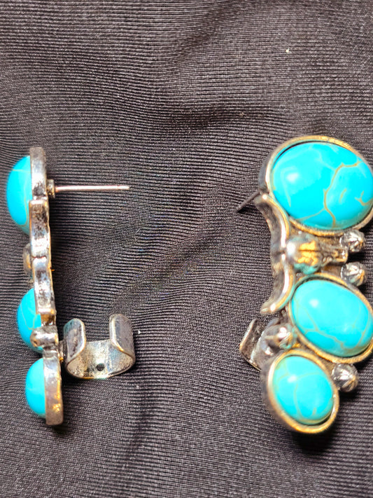 Turquoise Stone With Steer Skull Stud Earrings