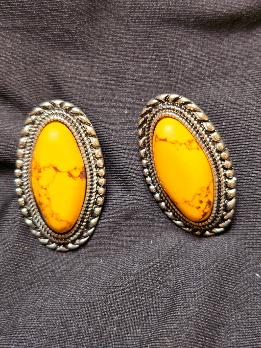 Yellow Stone And Silver Stud Earrings