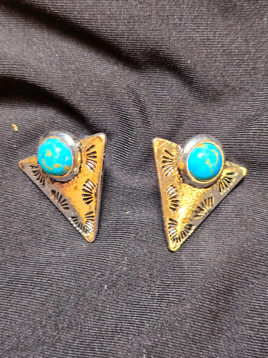 Triangle And Turquoise Stone Stud Earrings